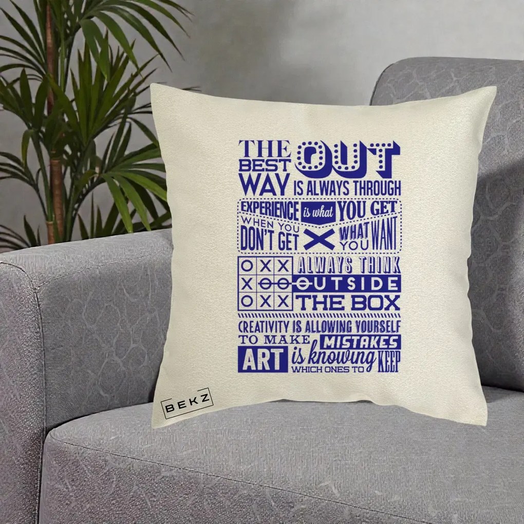 Perna Decorativa Citate Creativitate Albastru, 40x40 cm, Ecru, Husa Detasabila, Perna Inclusa, BEKZ®