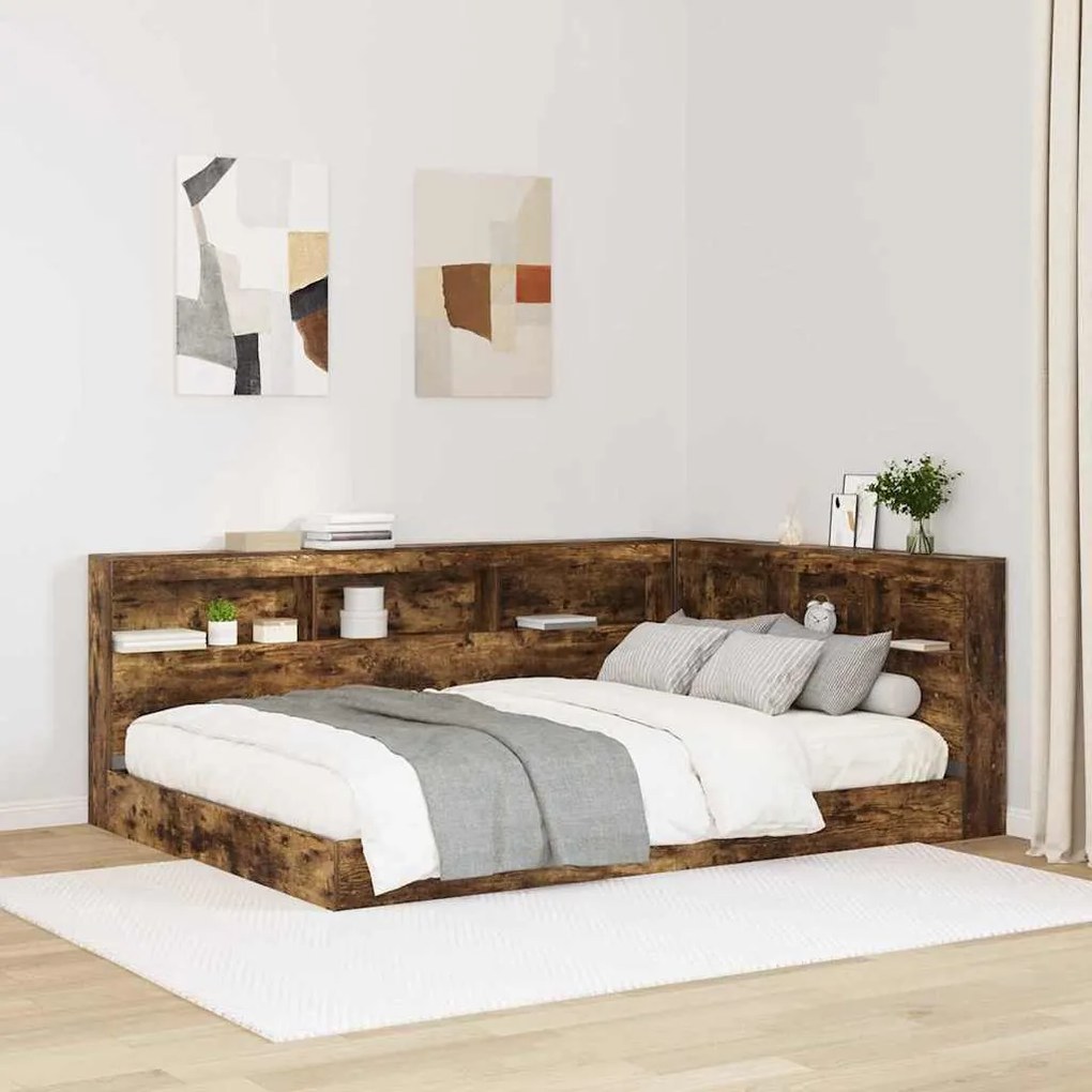 vidaXL Pat cu bibliotecă cu raft cu headboard 2 pcs Stejar afumat 140 x 200 cm