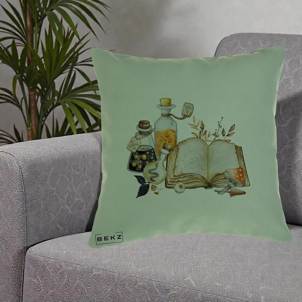 Perna Decorativa Grimoire Vrajitoare si Filtre Magice Halloween, 40x40 cm, Verde, Husa Detasabila, Perna Inclusa, BEKZ®