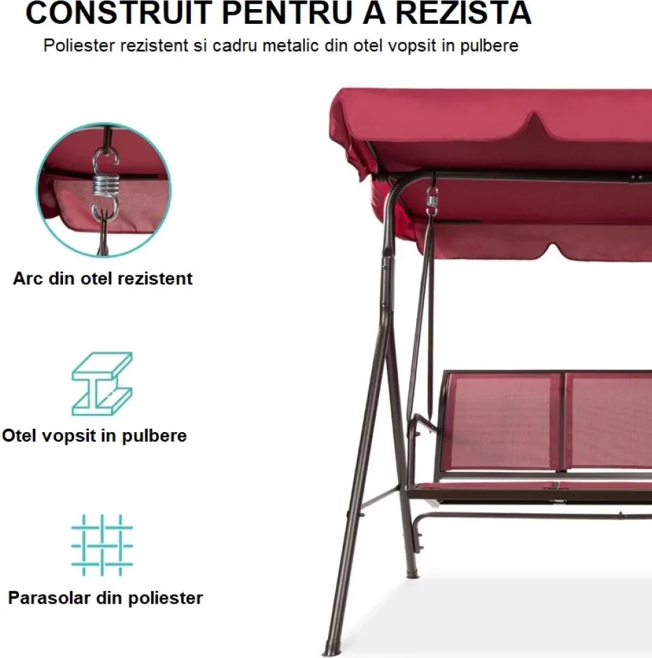 Balansoar de grădină, 3 locuri, cu baldachin și cadru din oțel, Burgundy