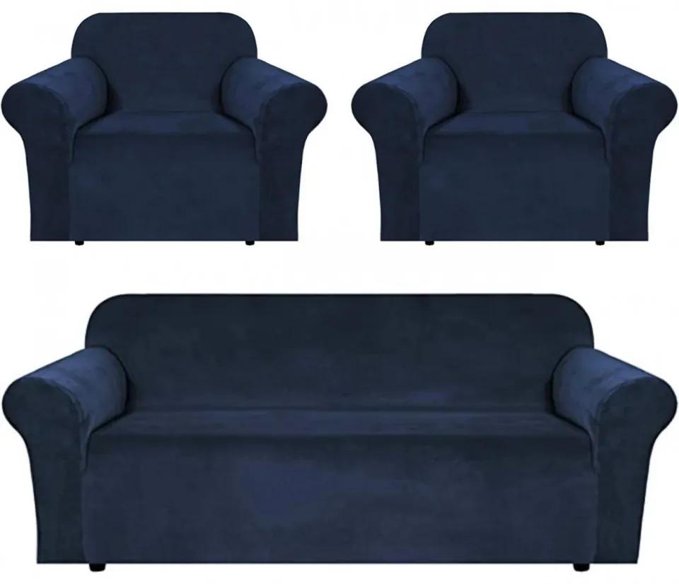 Set huse elastice din catifea pentru canapea 3 locuri + 2 fotolii, cu brate, bleumarin, HCCJS-04
