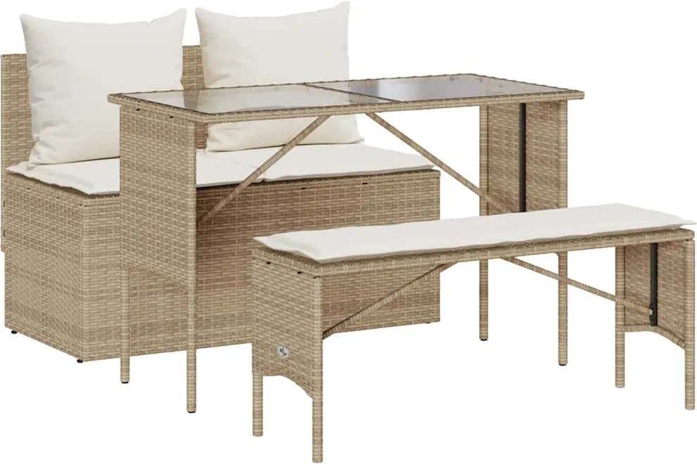 vidaXL Set mobilier de grădină cu perne, 3 piese, bej, poliratan