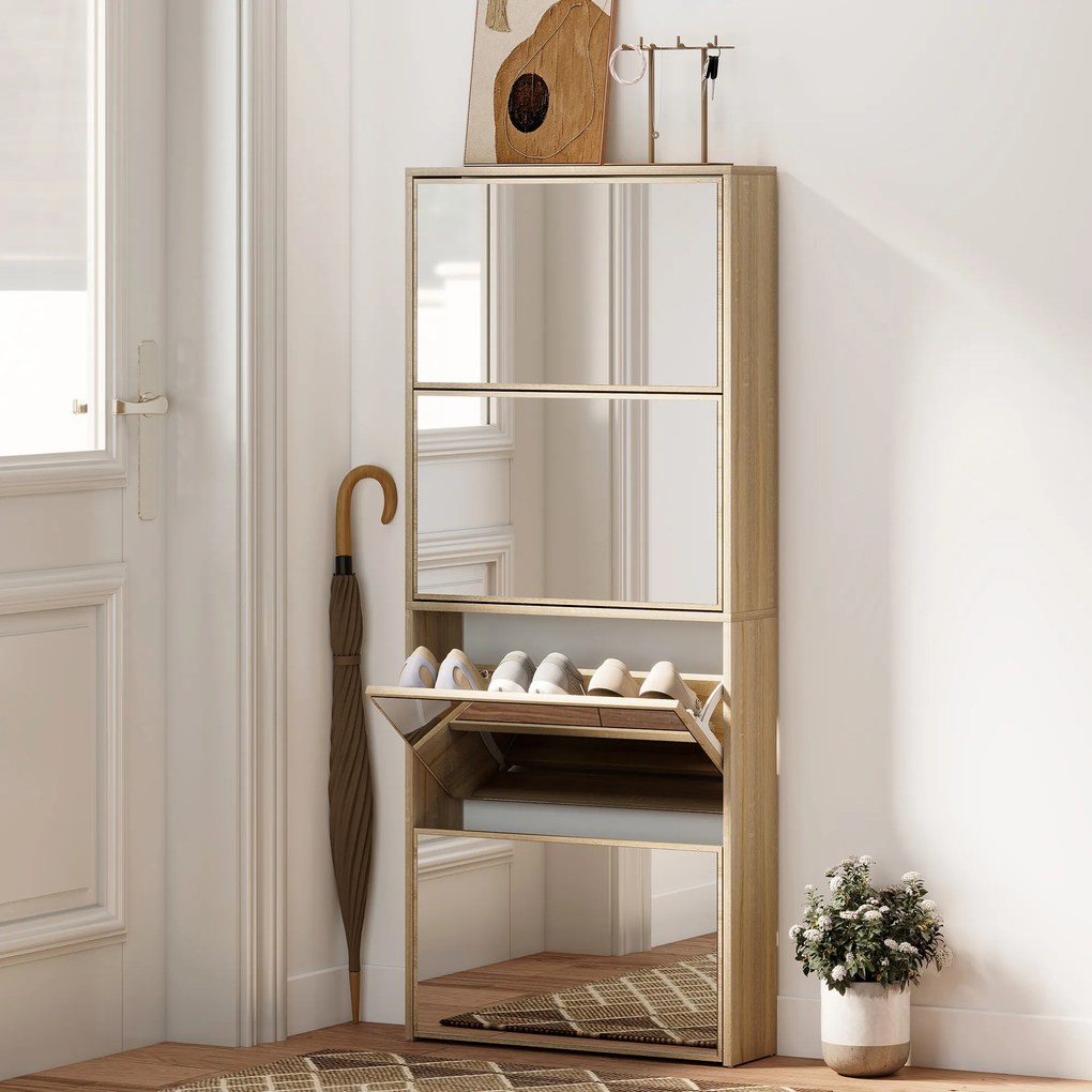 HOMCOM Dulap pentru Încălțăminte Slim cu 4 Uși și Oglindă 63x17x146 cm Culoare Lemn | Aosom Romania