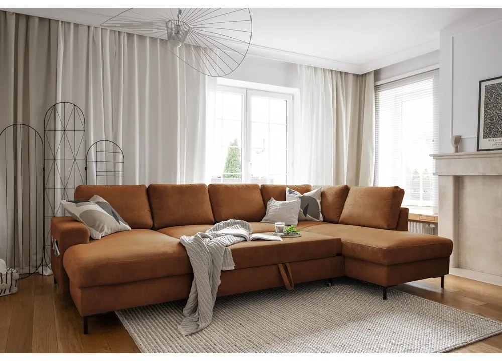 Colțar portocaliu/maro extensibil cu tapițerie din catifea reiată (cu colț pe partea dreaptă) Lofty Lilly – Miuform