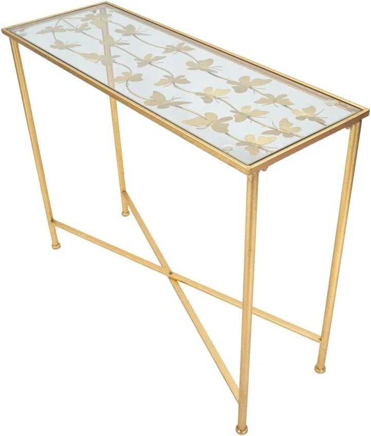 Masă consolă albă-aurie cu blat din sticlă 35x100 cm Butterflies – Mauro Ferretti