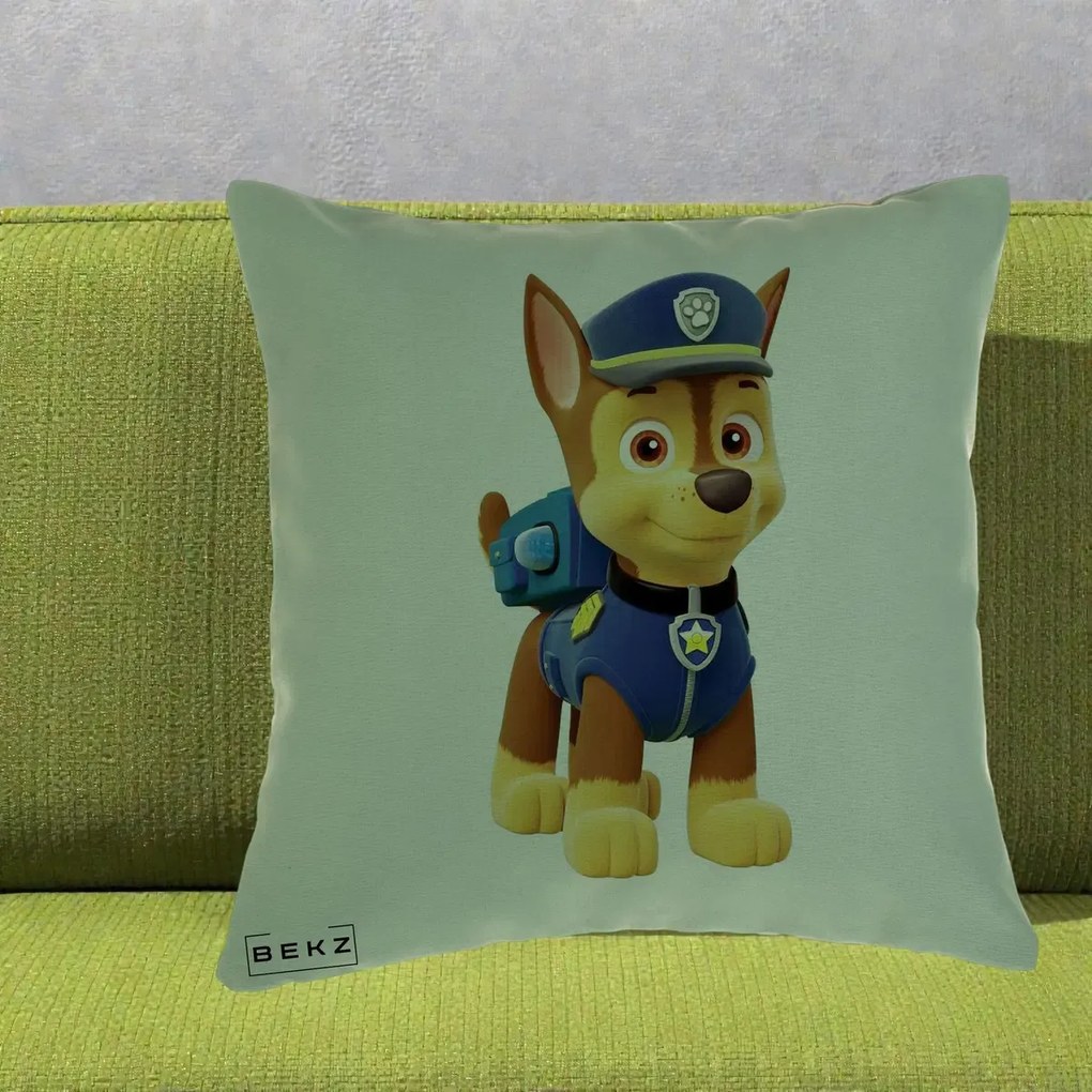 Perna Personalizata Chase PAW Patrol Albastru, 40x40 cm, Verde, Husa Detasabila, Perna Inclusa, BEKZ®
