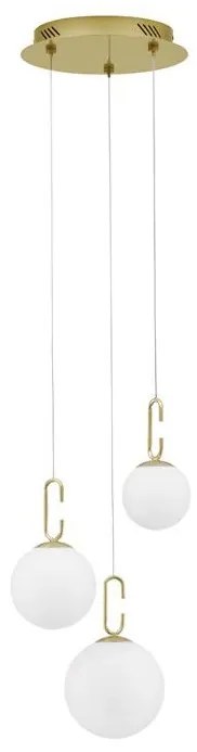 Lustra LED cu 3 pendule, dimabila, design modern Hook auriu, opal alb 39cm