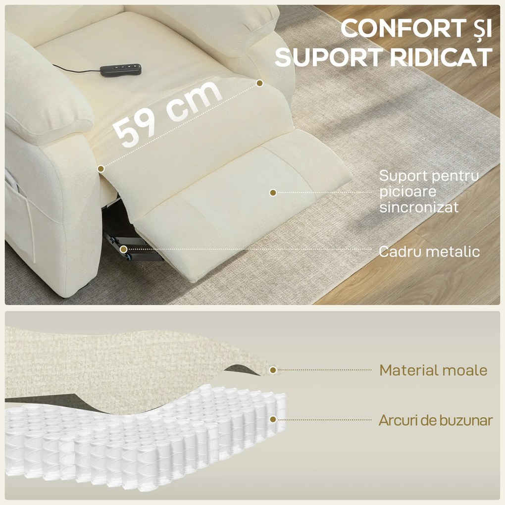 HOMCOM Fotoliu Relax Electric Reclinabil 150° cu Suport pentru Picioare, Șezut Spațios, Fotoliu Silențios, Port USB, Funcție Memory, Telecomandă, din Catifea, pentru Living, Alb | Aosom Romania