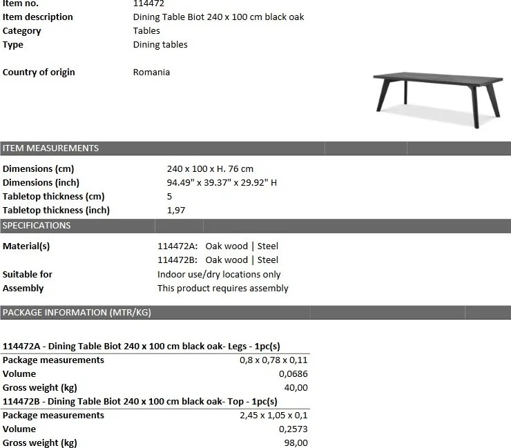 Masa design LUX din lemn de stejar Biot negru, 240x100 114472 HZ