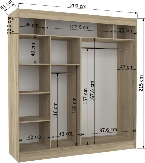 Dulap cu usi glisante si oglinda 200x215 cm, Keita, ADRK Furniture (Culoare: Negru / Alb / Negru Lacobel)