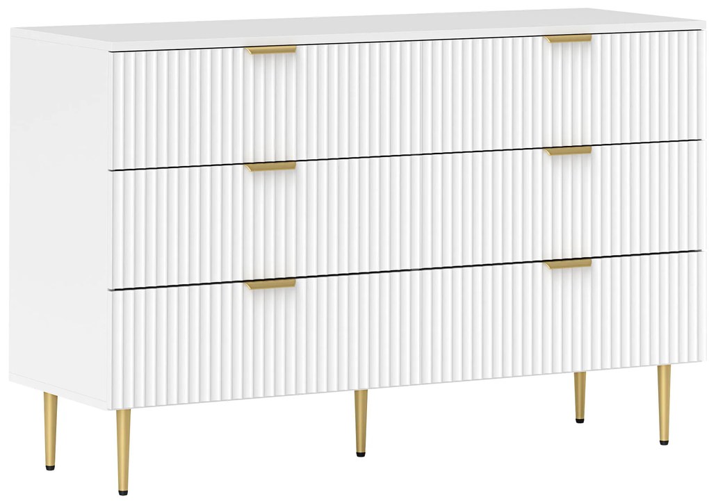 HOMCOM Comodă 6 sertare comodă cameră mobilier de depozitare modernă cu mânere și picioare aurii, 120 x 40 x 76,5 cm, alb | Aosom Romania