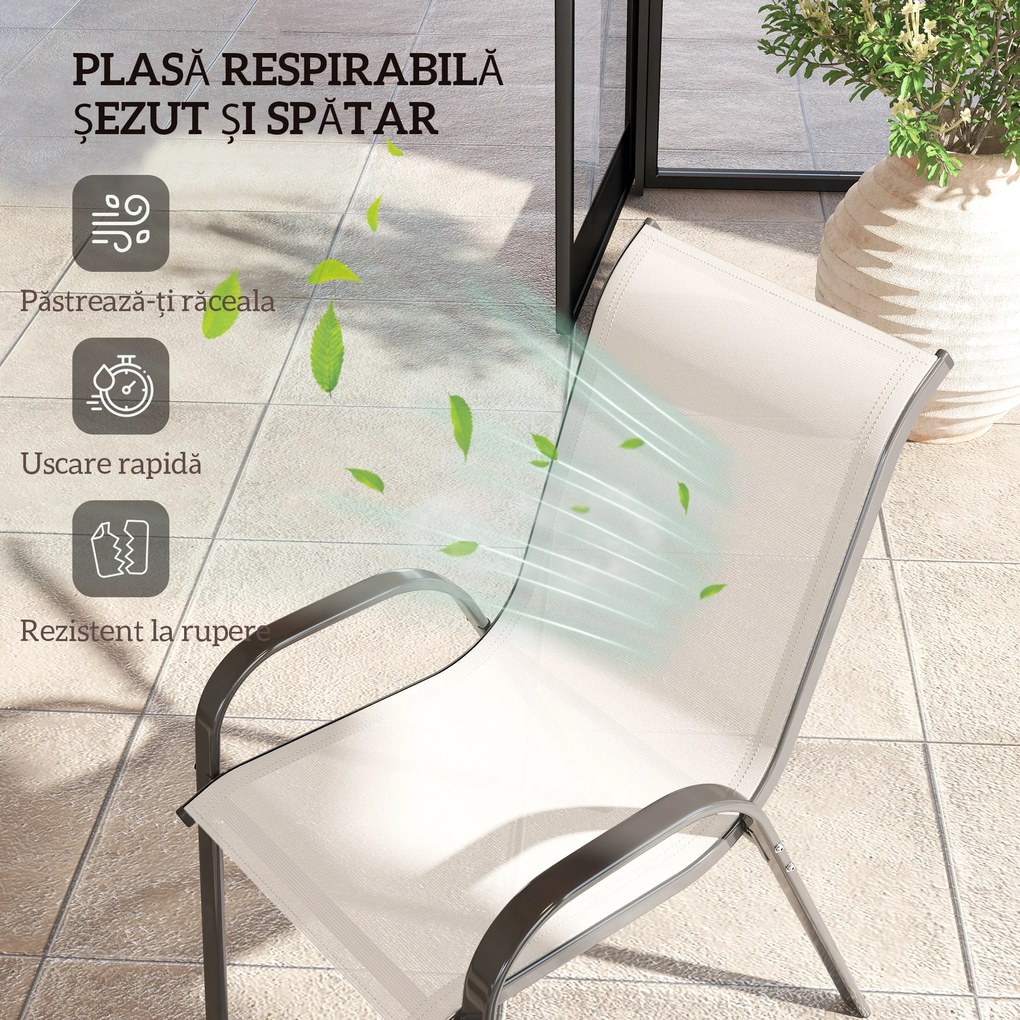 Outsunny Set de 2 Scaune de Exterior pentru Masă, Scaune Stivuibile cu Spătar Înalt, Șezut din Plasă Respirabilă pentru Grădină, Terasă, Gri Deschis | Aosom Romania