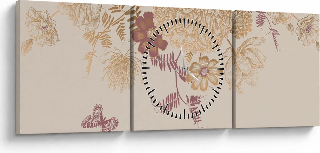 Tablou - Vintage, flori și fluturi (cu ceas) (90x30 cm)