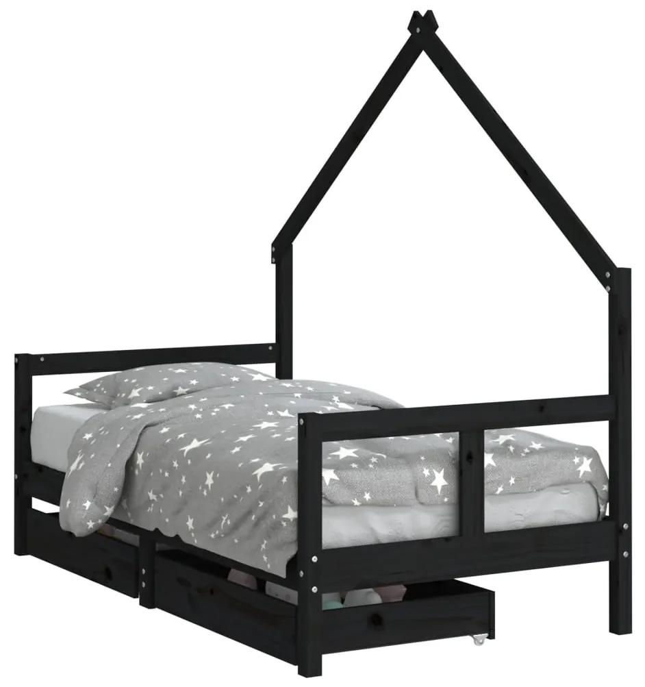 834545 vidaXL Cadru de pat copii cu sertare, negru, 80x160 cm, lemn masiv pin