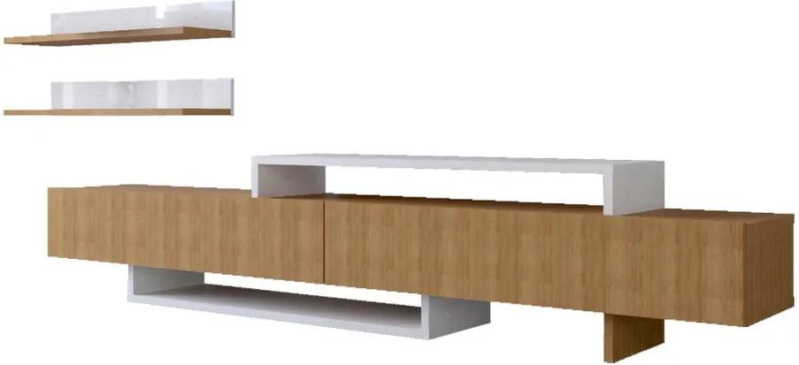Set comodă TV și raft de perete cu aspect de lemn de tec Furny Home Nirvana, alb-natural