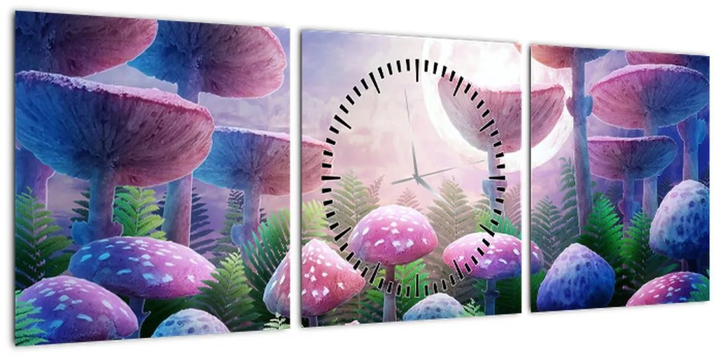 Tablou - Ciuperci sub lună plină (cu ceas) (90x30 cm)