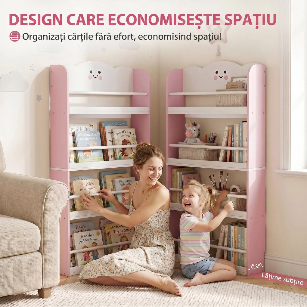 AIYAPLAY Bibliotecă Montessori Copii 3-6 Ani, Tematică Vată de Zahăr, 4 Rafturi din Lemn, Cameră Copii, Roz | Aosom Romania