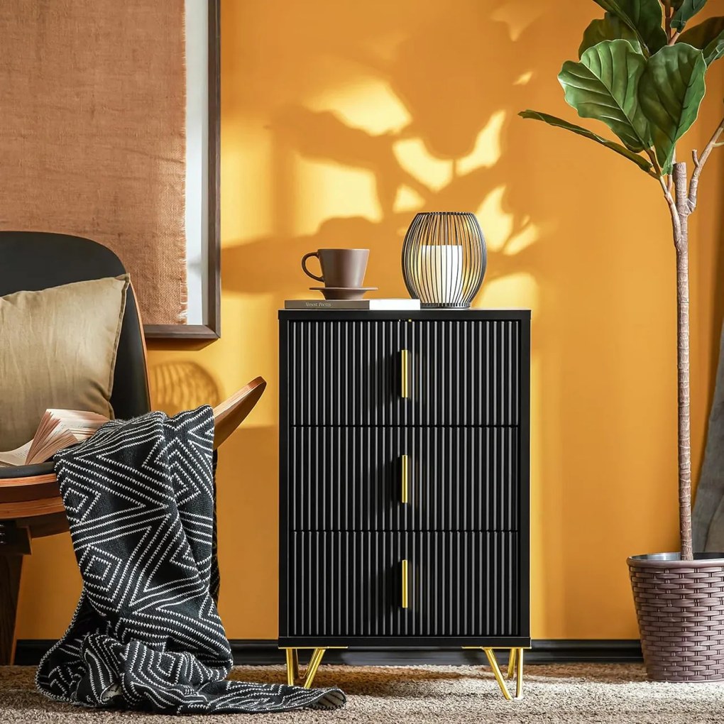 NON12 - Set 2x Noptiere negre 40x40x63cm, riflaje, cu 3 sertare, dormitor - Negru-Auriu