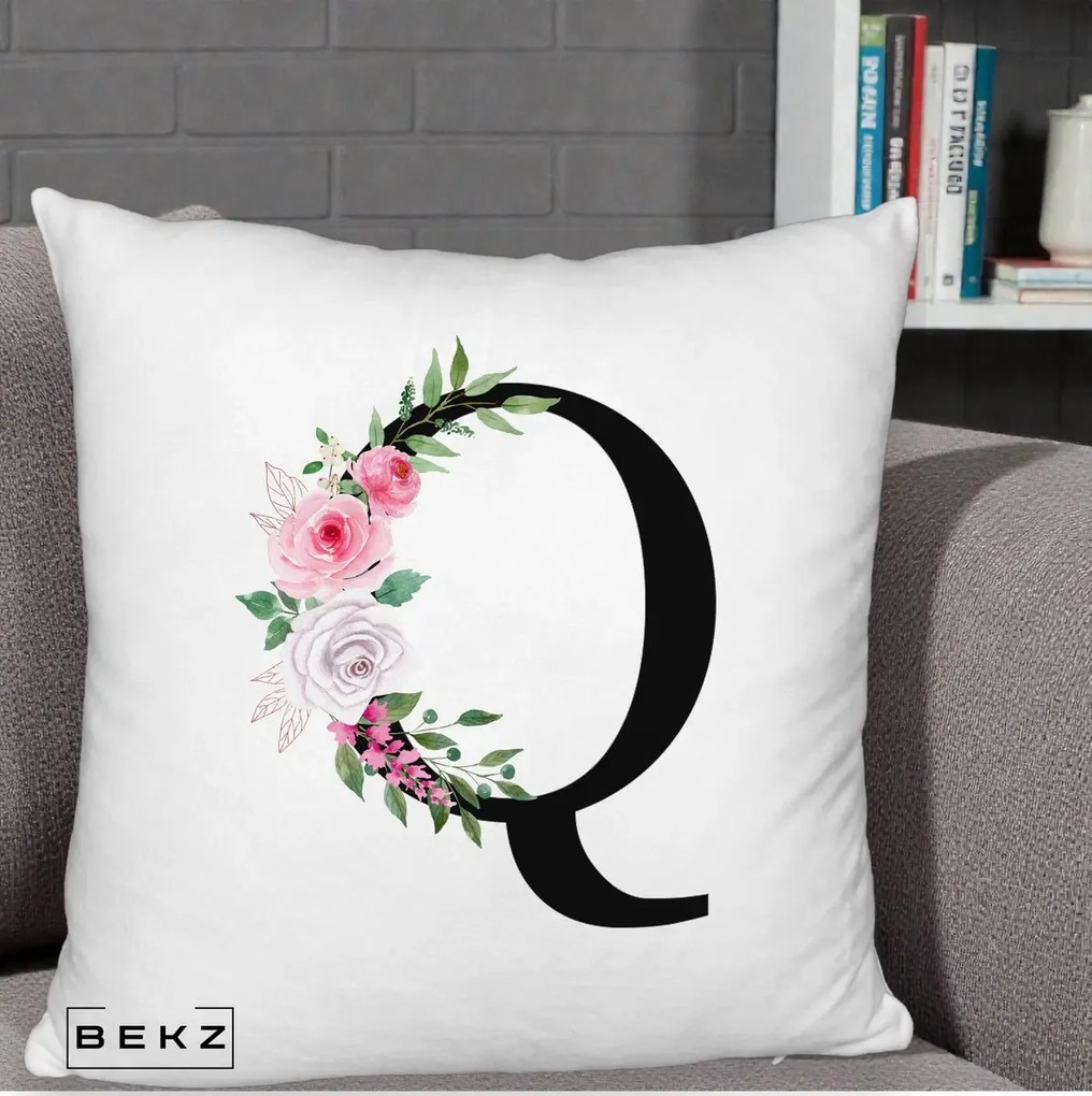 Cadou Personalizat - Perna Personalizata Monograma Florala Litera Q, 40x40 cm, Alb Pufos, Husa Detasabila, Perna Inclusa, BEKZ®