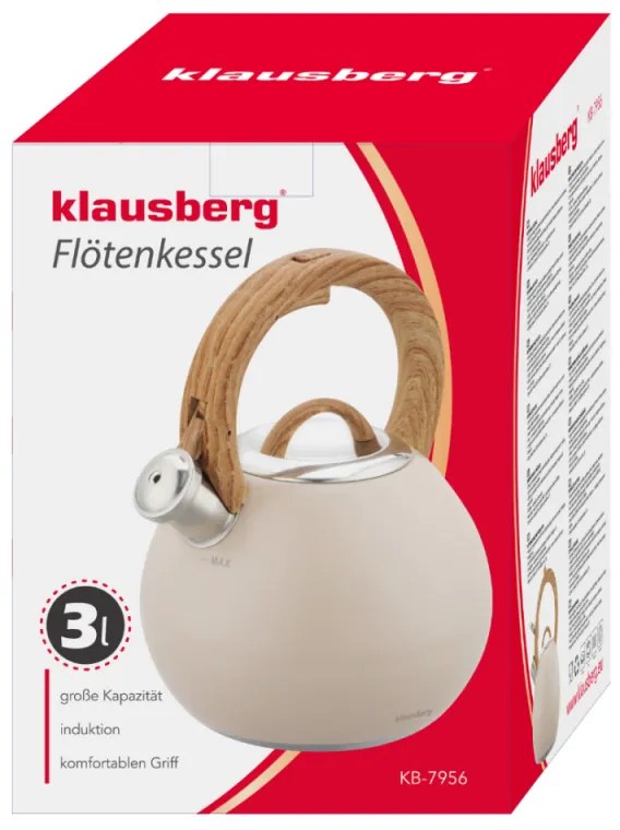 Fierbător fluierător Klausberg KB 7956, 3l, Mâner termoizolat, Fund multistrat, Inducție, Bej