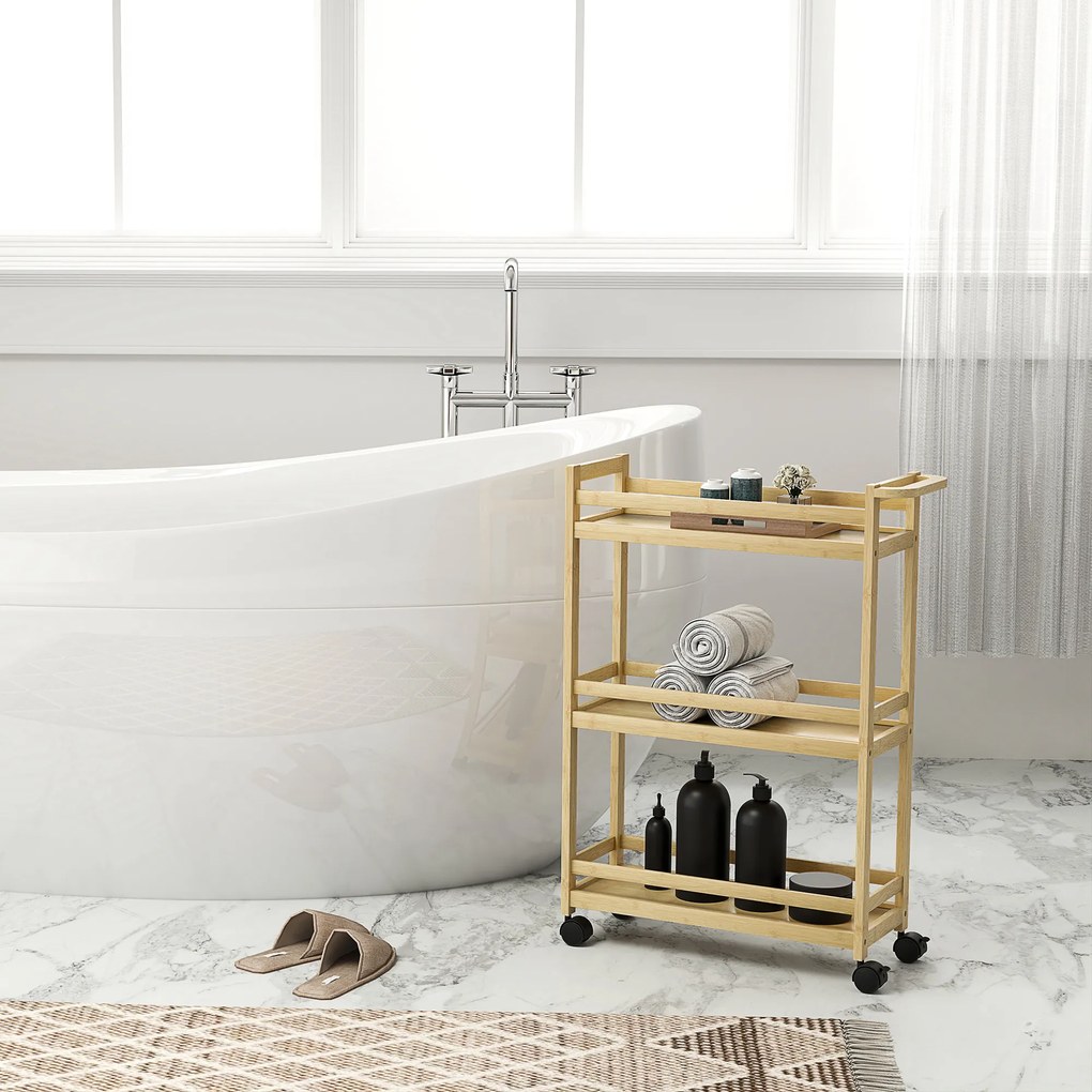 HOMCOM Raft de Baie din Bambus cu 3 Niveluri, Carucior Organizator cu Roți pentru Bucătărie, Baie, Living, 55 x 20 x 75 cm - Natural | Aosom Romania