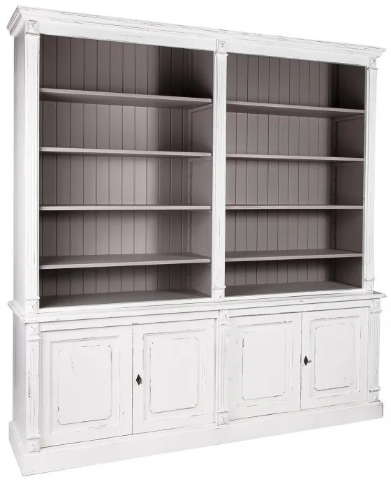 Biblioteca, alb, din lemn masiv de pin, L 220cm, aspect vintage, Classic