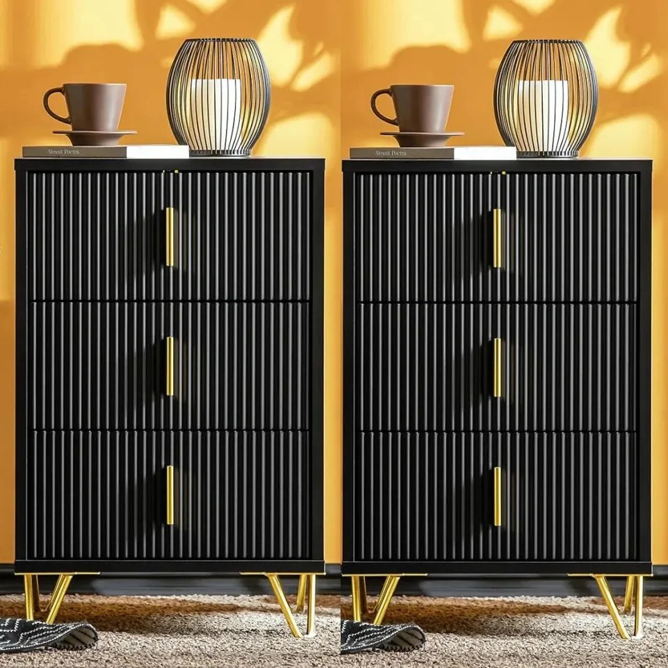 NON12 - Set 2x Noptiere negre 40x40x63cm, riflaje, cu 3 sertare, dormitor - Negru-Auriu