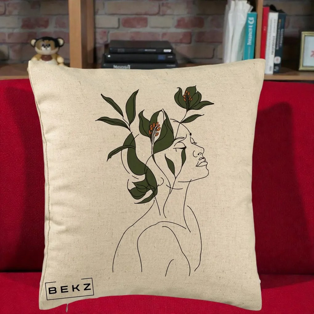 Perna Decorativa Portret Feminin Crin Verde, 40x40 cm, Bej, Husa Detasabila, Perna Inclusa, BEKZ®