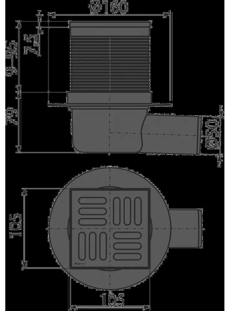 Sifon pardoseala cu gratar otel inoxidabil negru mat, 105x105 mm iesire laterala Alcadrain APV31BLACK