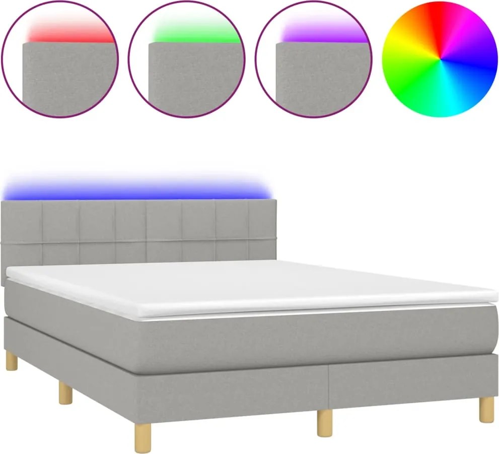 vidaXL Pat cu arcuri, saltea și LED, gri deschis, 140x190 cm, textil