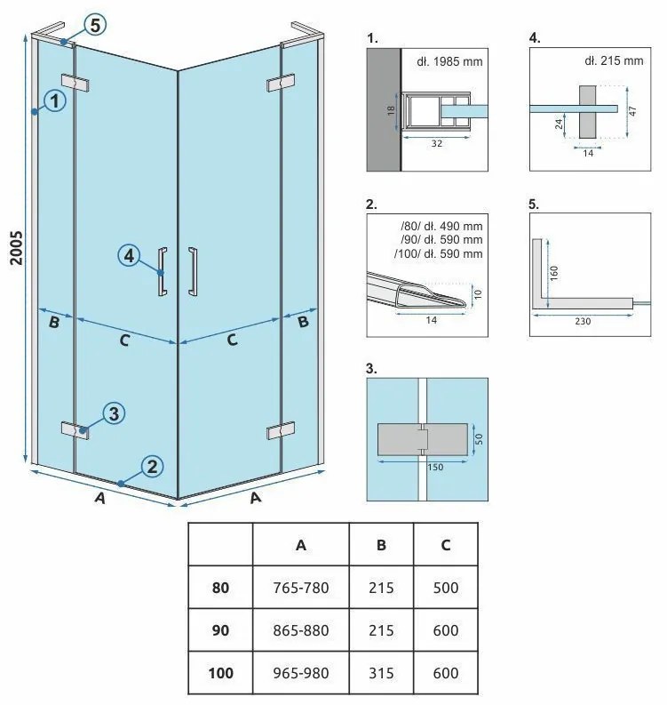 Cabina de dus patrata Rea Hugo cu 2 usi batante 80x80 cm auriu periat