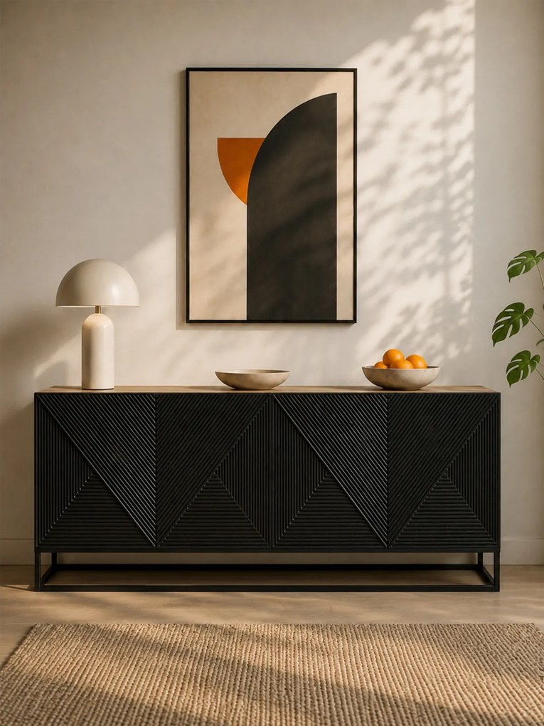 Comodă Asha 200 cm cu patru uși - artisan / negru mat / cadru negru