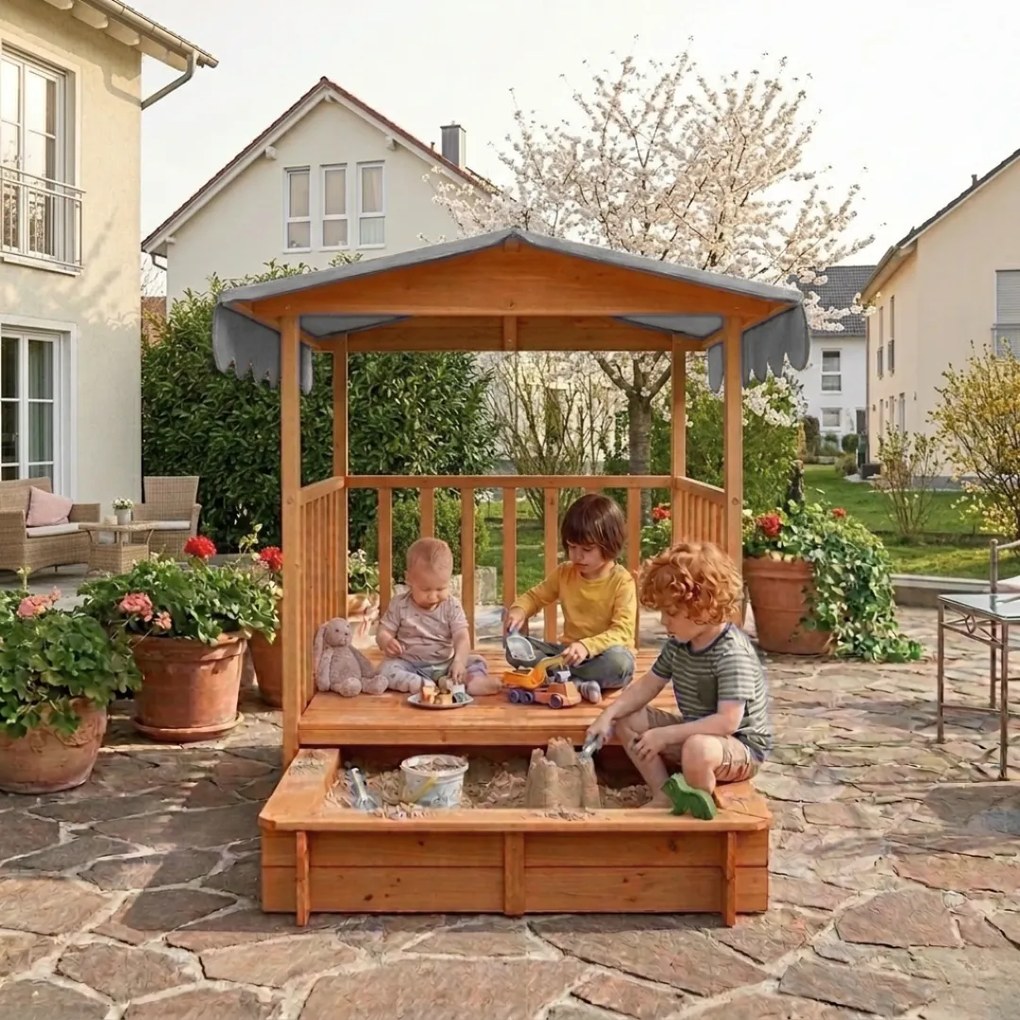 Zonă cu nisip și verandă HAPPY, 130 x 130 x 143 cm, din masiv de pin, maro gri Jurhan