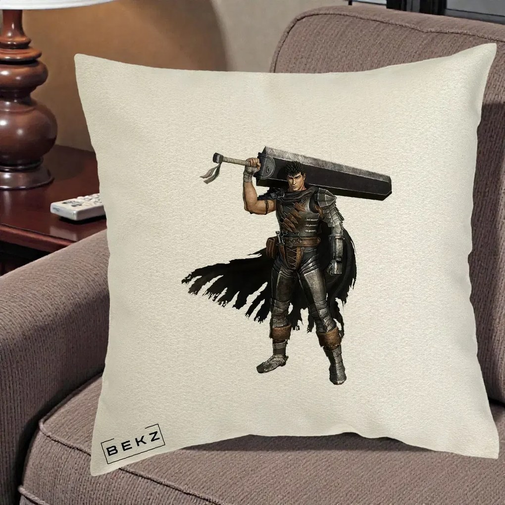 Perna Personalizata Berserk Guts Luptatorul Negru, 40x40 cm, Ecru, Husa Detasabila, Perna Inclusa, BEKZ®