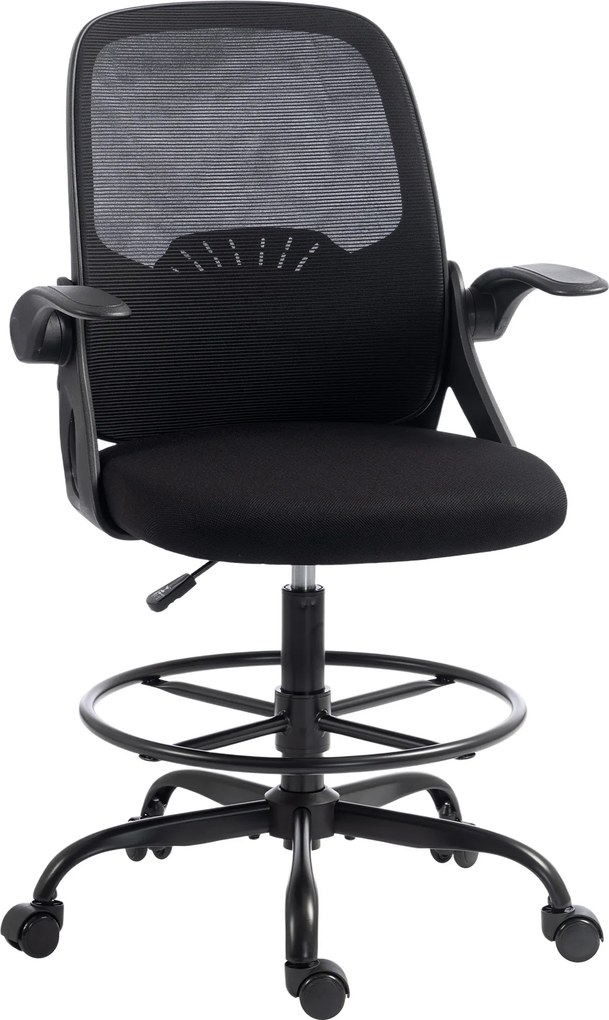 HOMCOM Scaun de Birou Ergonomic din Plasă, cu Suport Lombar și Suport pentru Picioare Reglabil, Cotiere Rabatabile, Negru | Aosom Romania