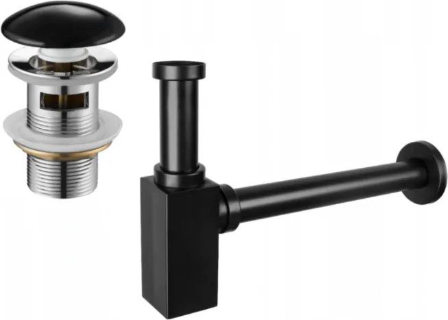 Mexen semi-sifon pătrat pentru chiuvetă cu dop ceramic clic-clac, cu preaplin, negru - 7992060-75