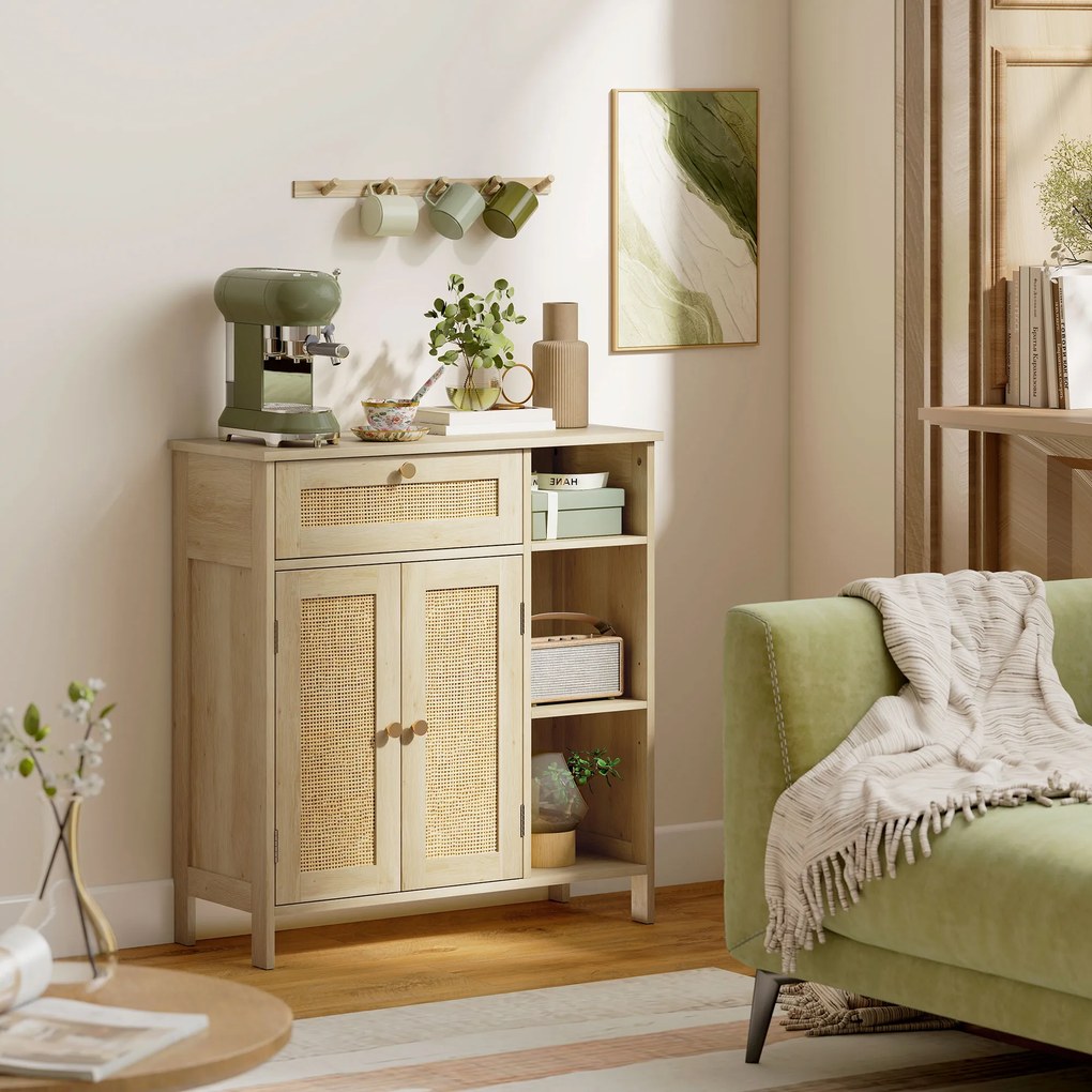 HOMCOM Bufet, mobilier de depozitare, 2 uși din ratan, sertar, nișe deschise, polițe reglabile, 75x30x79,5cm, lemn natural | Aosom Romania