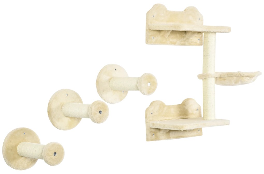 PawHut Trepte de cățărat, Perete de cățărat, Treaptă pentru pisici, set format din 4 piese, cu copaci de zgâriere, hamac, bej+crème, 40 x 28 x 73cm | Aosom Romania