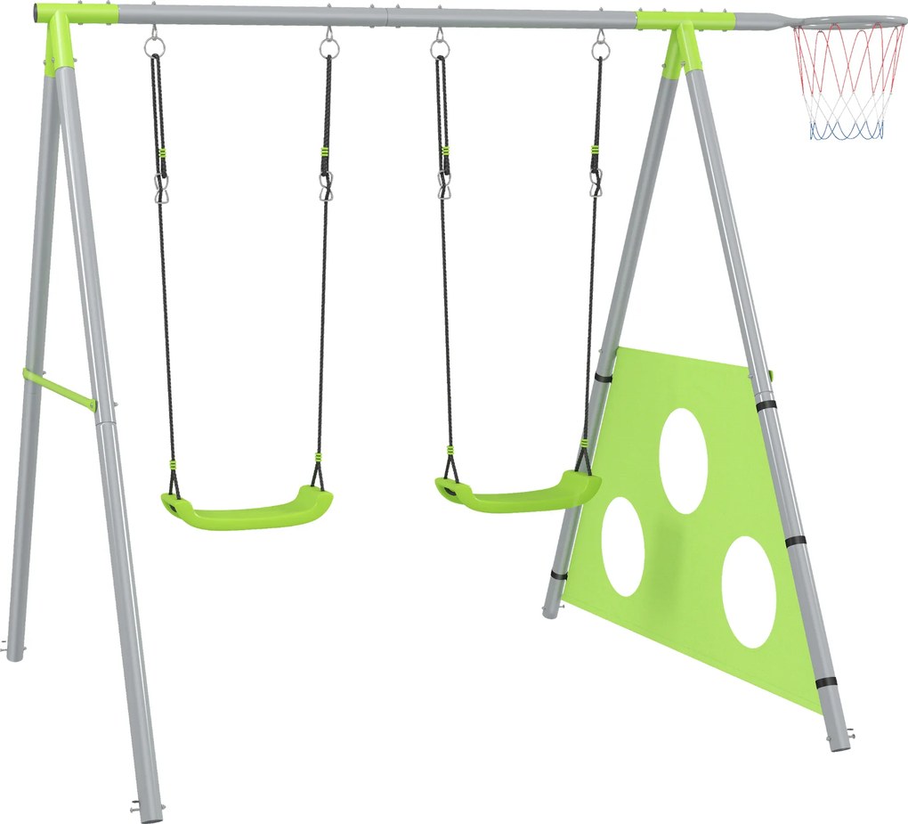 AIYAPLAY Leagăn de Grădină 3 în 1 pentru Copii 3-8 Ani cu Coș de Baschet și Poartă de Fotbal, 238x180x182 cm, Verde | Aosom Romania