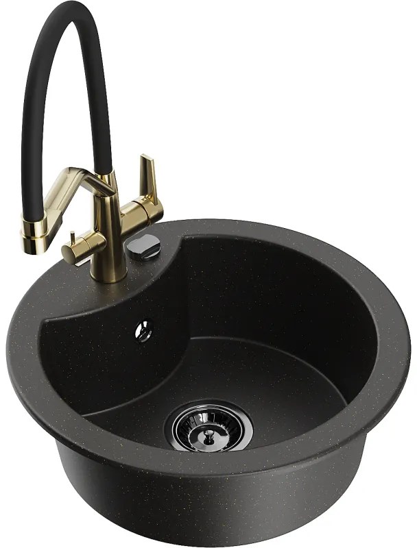Mexen Diego chiuvetă de bucătărie din granit cu 1 compartiment și baterie Duo, negru/auriu metalic - 6512-75-671701-57-B