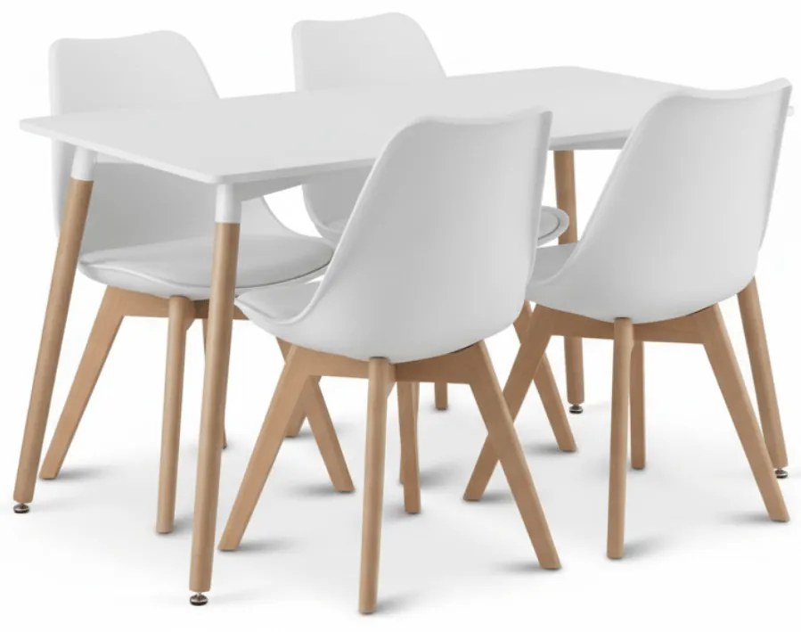 Set de luat masa 1 + 4, masa alba ADRIA 120x80 cm + scaun alb BALI MARK cu picioare din lemn de fag