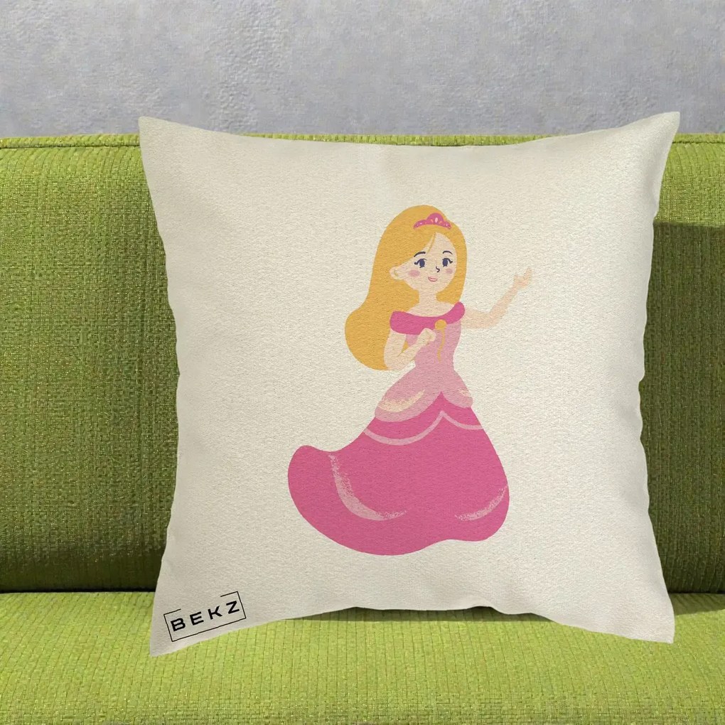 Perna Personalizata Printesa Roz cu Microfon, 40x40 cm, Ecru, Husa Detasabila, Perna Inclusa, BEKZ®