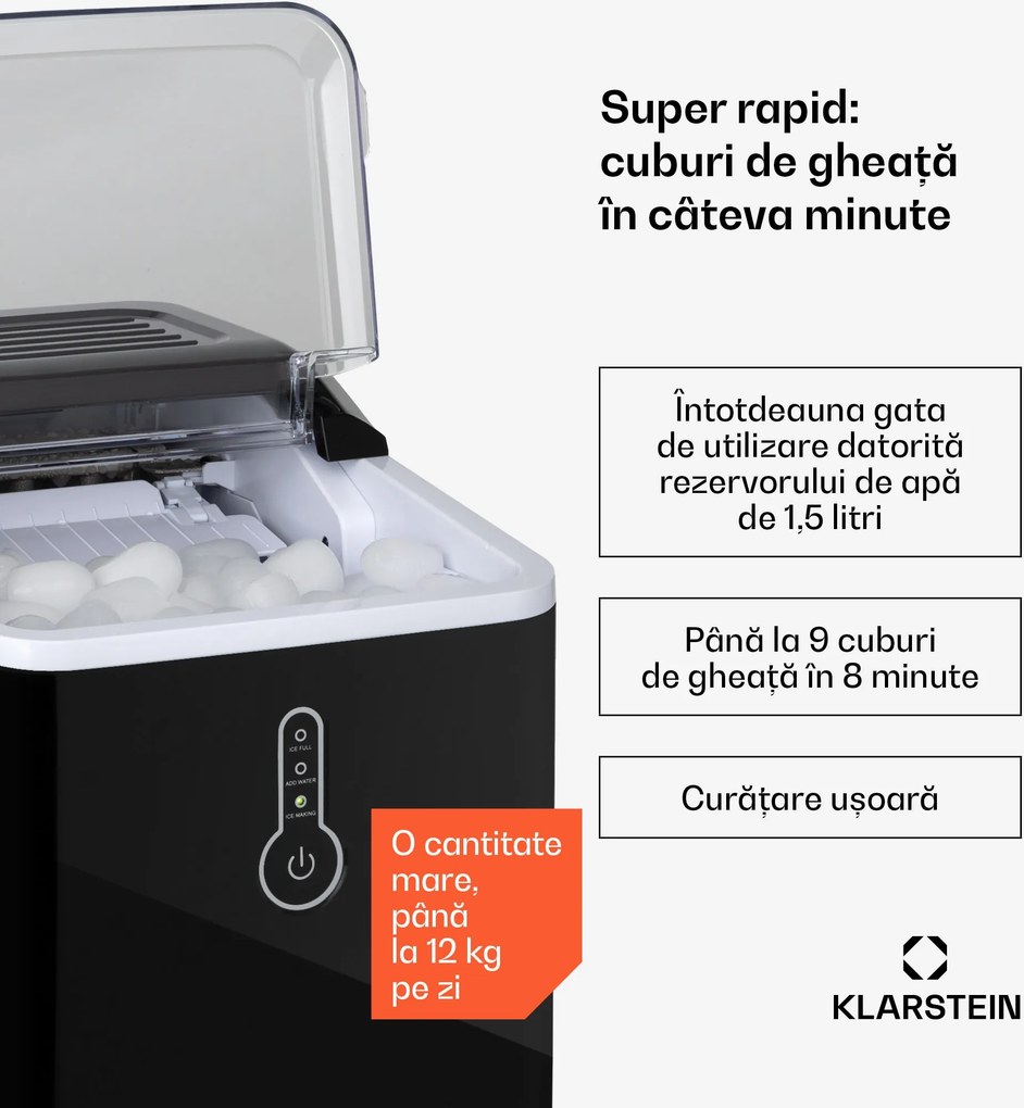 Klarstein Chillout, aparat pentru gheață, bucăți rotunde de gheață, 12 kg / 24 ore, rezervor de apă: 1,5 l, negru