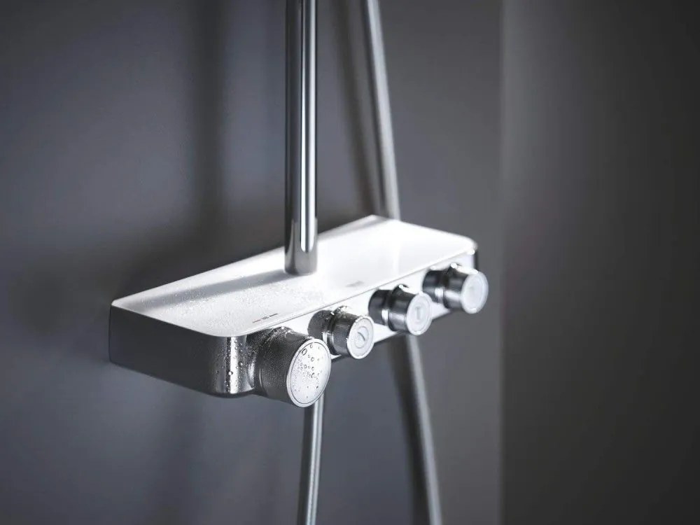 Coloana dus cu baterie si termostat Grohe Euphoria SmartControl 310 Cube Duo, alb crom