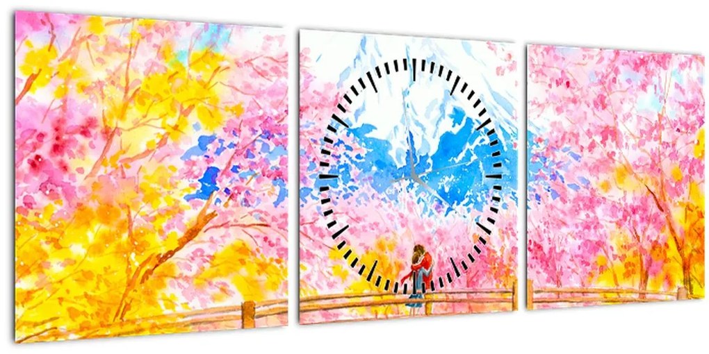 Tablou - Cuplu pictat, acuarelă (cu ceas) (90x30 cm)