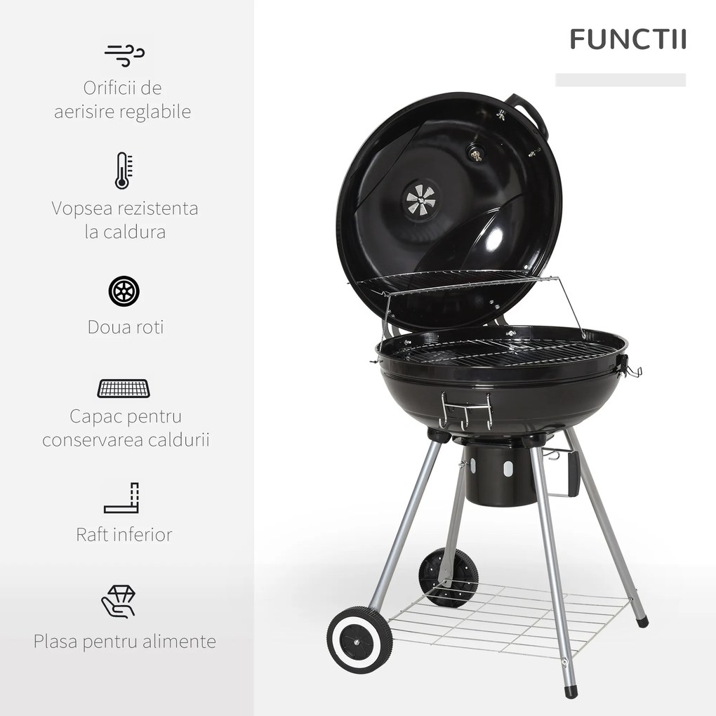 Gratar cu Carbune Capac si Termometru Outsunny, Grilaj Dublu, Metal Negru | Aosom RO