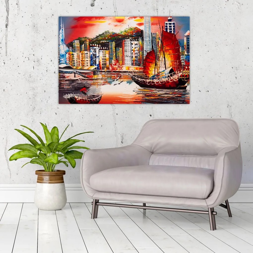 Tablou - Victoria Harbour, Hong Kong, pictură în ulei (90x60 cm)