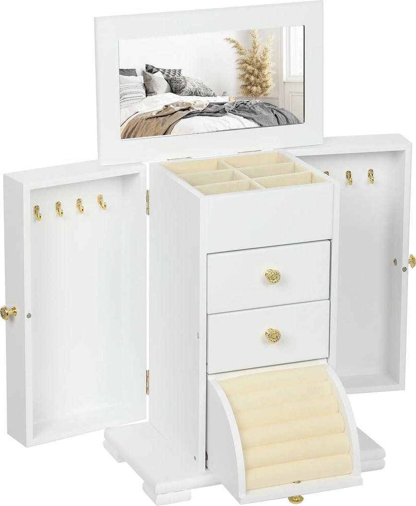 HOMCOM Cutie de bijuterii pentru femei cu 4 nivele, cutie din lemn cu aripi, oglindă și 2 sertare, 26,5x16 x33,5 cm, Alb | Aosom Romania