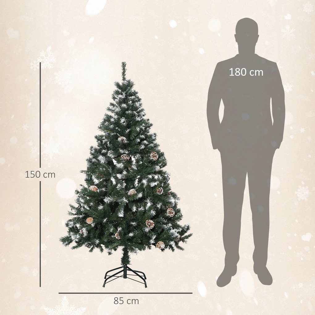HOMCOM Brad de Crăciun Înzăpezit cu Conuri, Brad Artificial cu Deschidere Automată și Bază Pliabilă, Ø85x150 cm, Verde | Aosom Romania