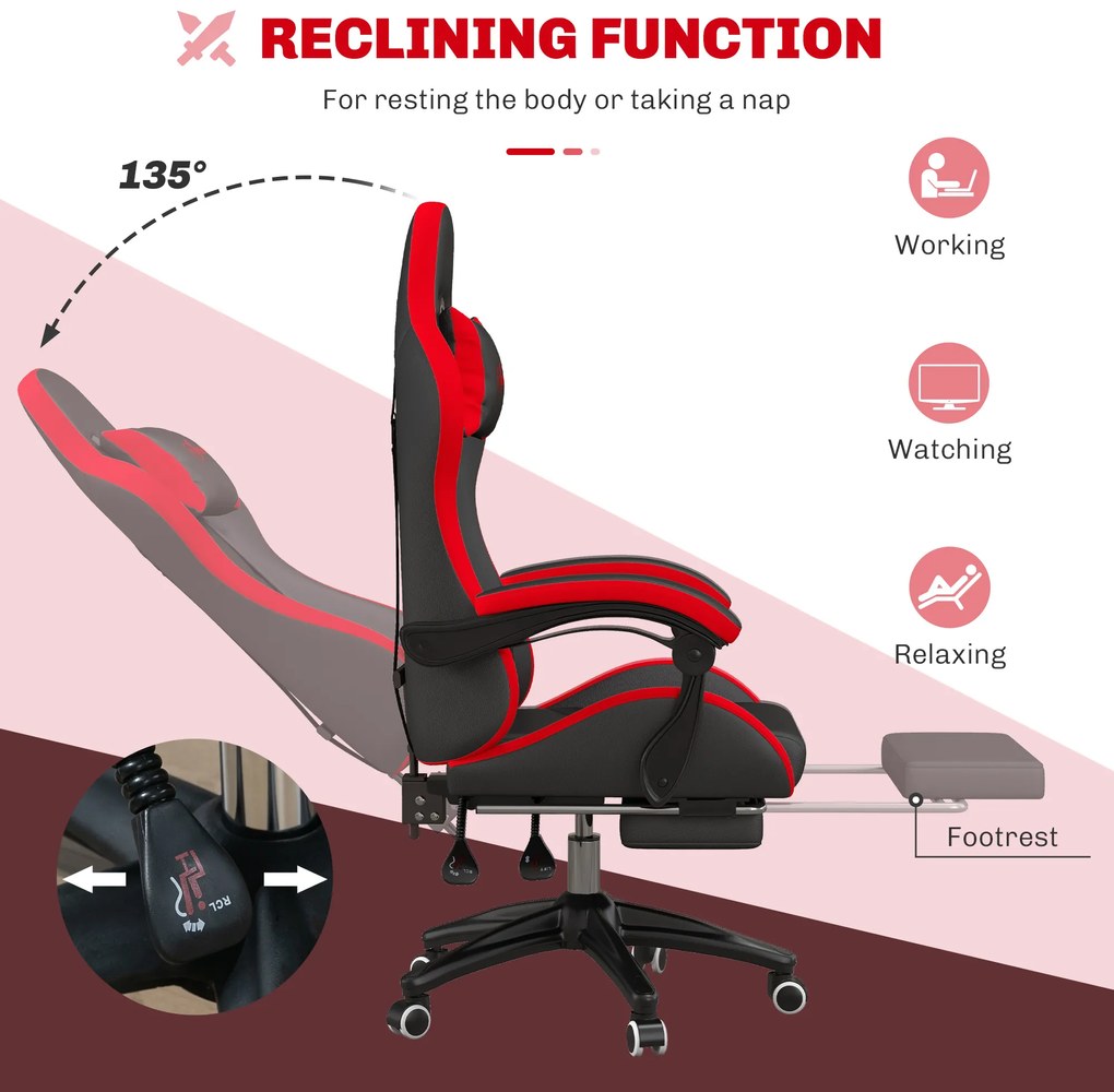 Vinsetto Scaun Gaming cu Înălțime Reglabilă și cu Spătar Rabatabil, 65x65x121-129 cm, Negru | Aosom Romania